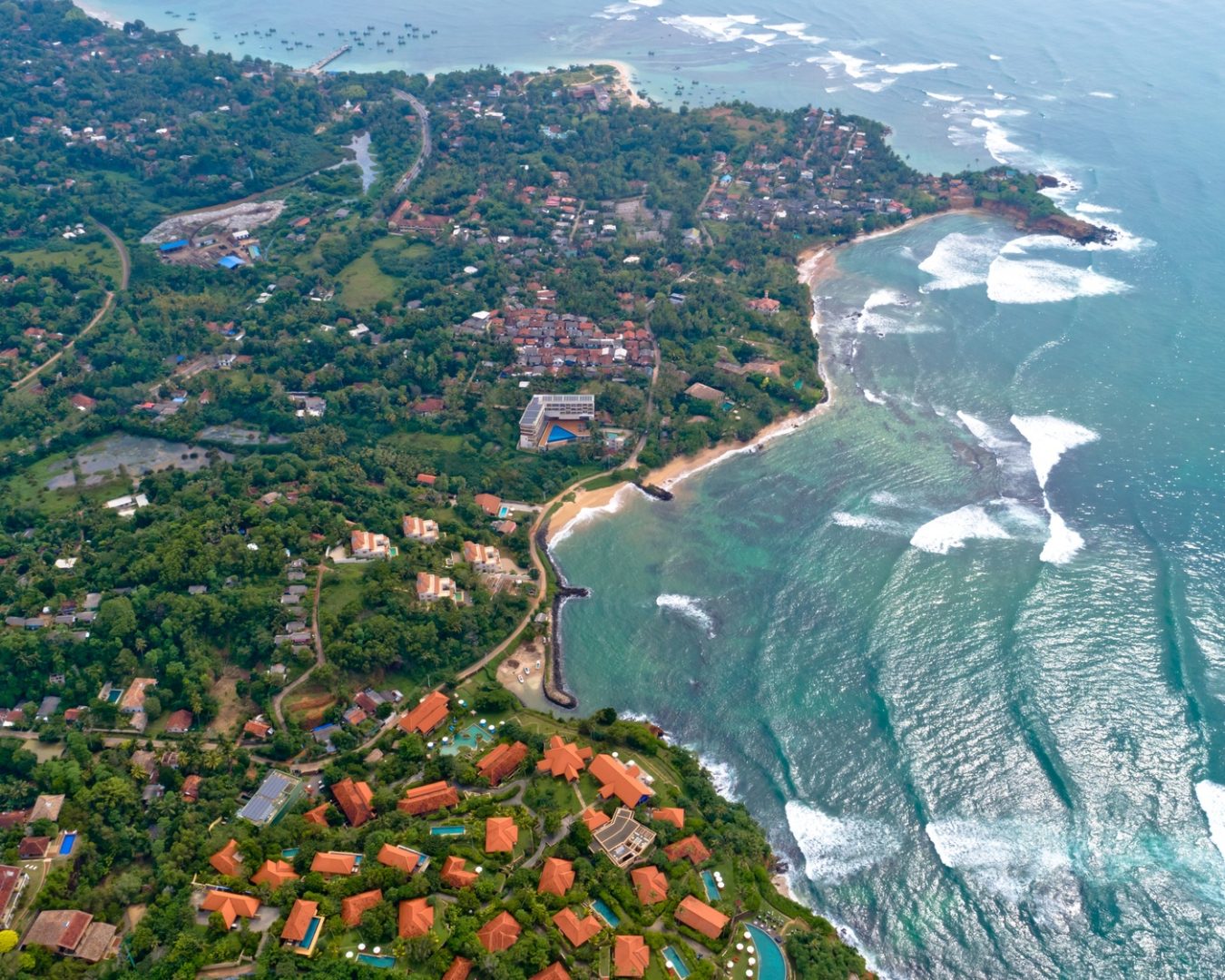 Aerial of seaside fishermen village in Sri lanka