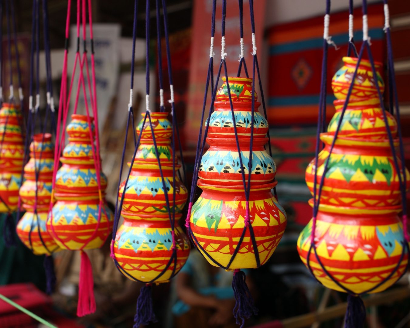 Closeup of colorful pots in a shop on Bengali New Year in Baishakh, Dhaka, Bangladesh