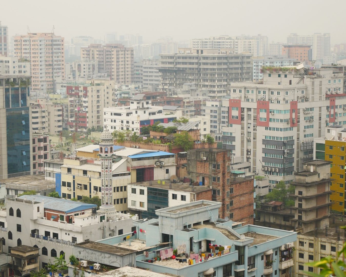 high angle view of dhaka city residential and financial buildings at sunny day